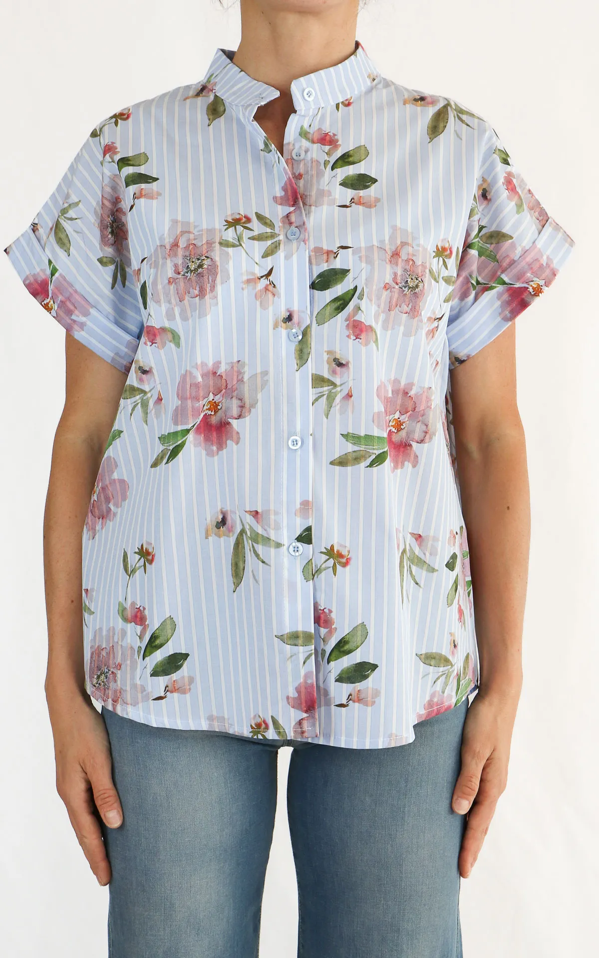 SUSY MIX – CAMICIA OVER -FIORI RIGA – CELESTE