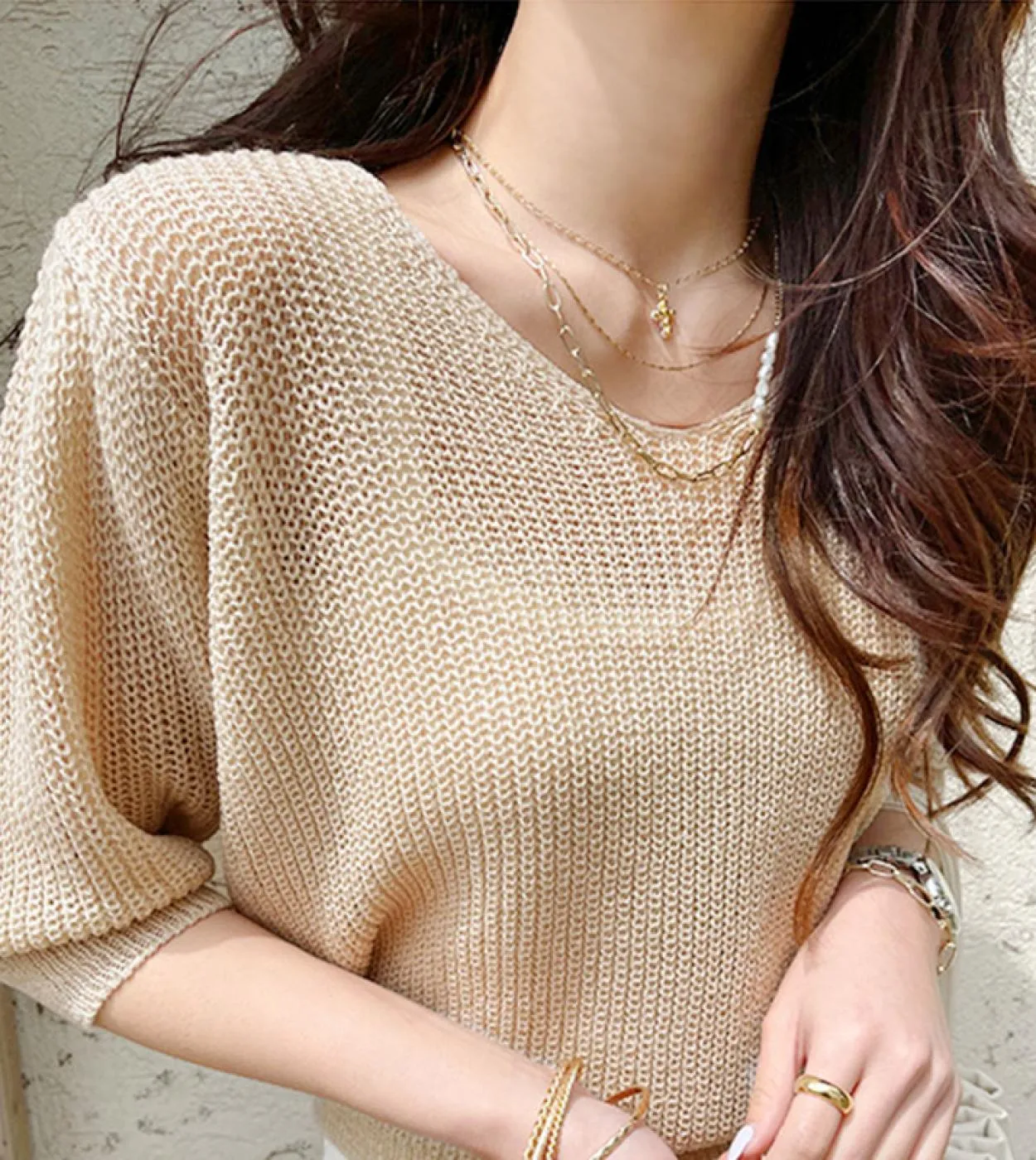 T-shirt estiva semplice lavorata a maglia Vneck Style Beige Maglione manica corta Top Scava fuori Camicetta casual allentata Blu
