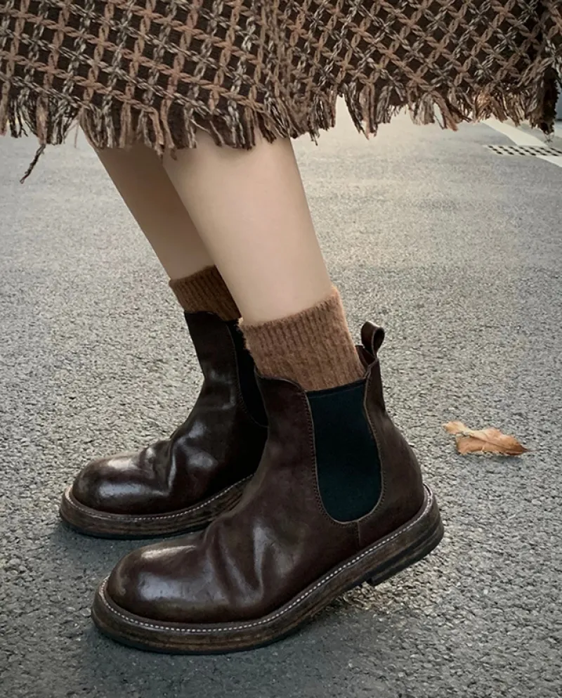 Thick-soled Handsome British Retro Style Pleated Chelsea Boots For Women Small Short Boots Large Size Ankle Boots