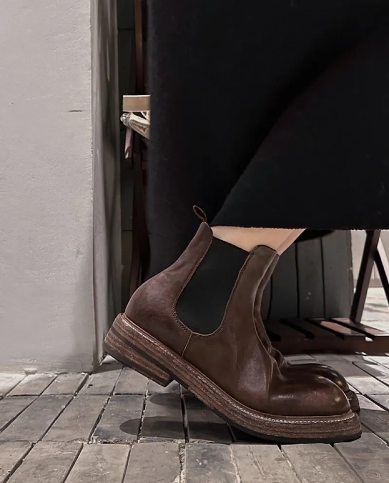 Thick-soled Handsome British Retro Style Pleated Chelsea Boots For Women Small Short Boots Large Size Ankle Boots