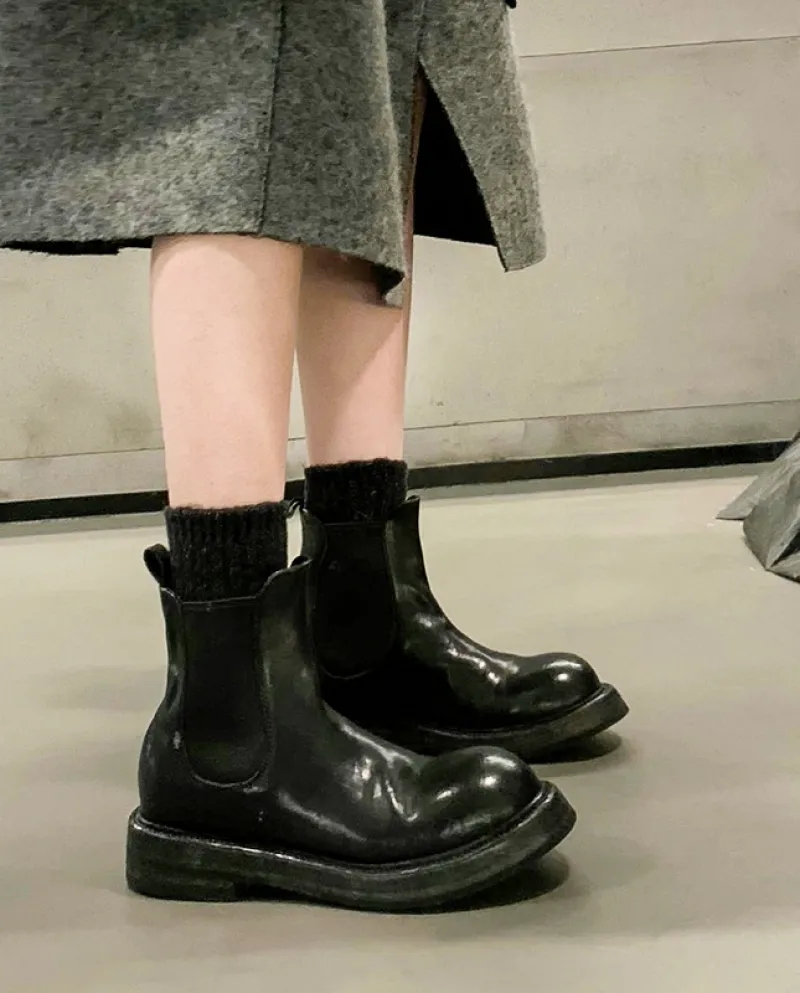 Thick-soled Handsome British Retro Style Pleated Chelsea Boots For Women Small Short Boots Large Size Ankle Boots