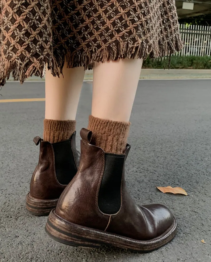 Thick-soled Handsome British Retro Style Pleated Chelsea Boots For Women Small Short Boots Large Size Ankle Boots