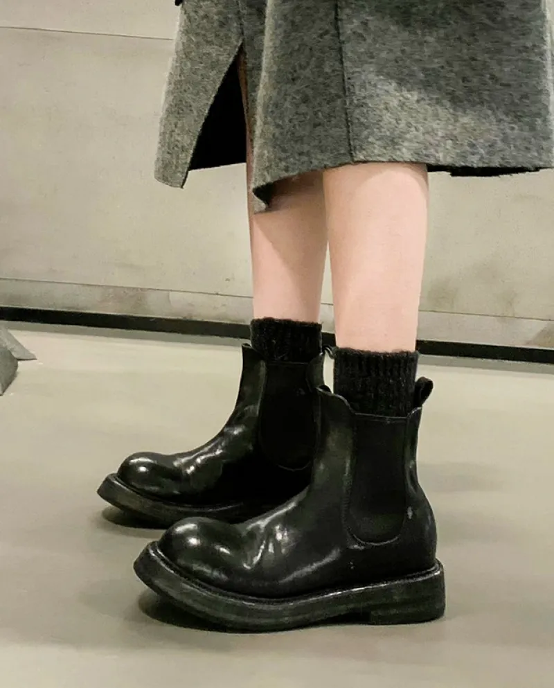Thick-soled Handsome British Retro Style Pleated Chelsea Boots For Women Small Short Boots Large Size Ankle Boots