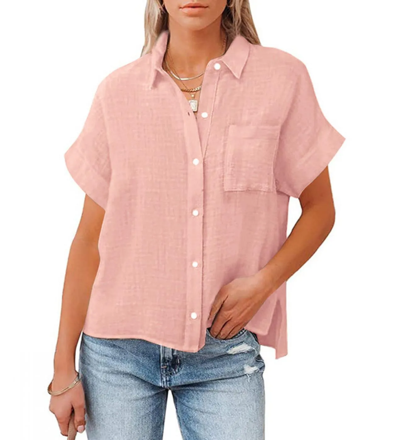 Top da donna Camicetta da donna allentata Camicia a maniche corte in lino di cotone estivo 2022 Camicia con bottoni oversize tin