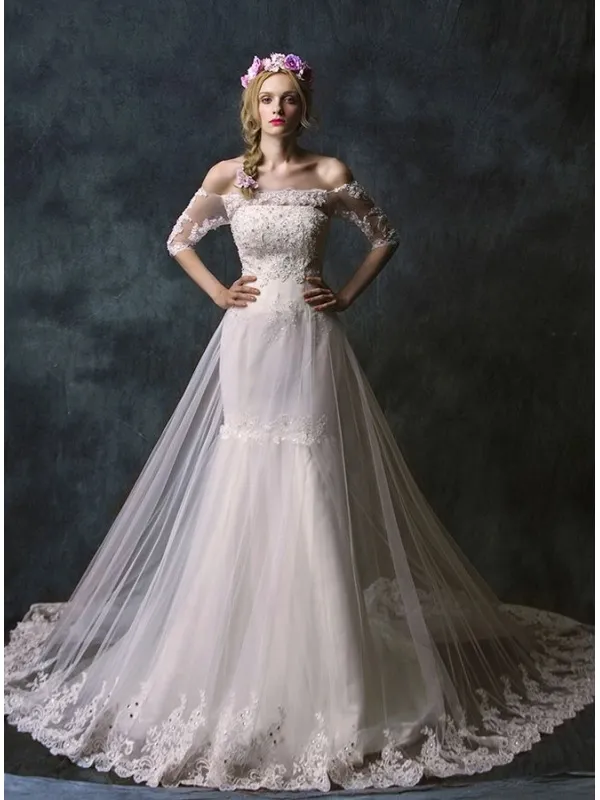 Vestito da Sposa a Sirena con doppia gonna in tulle ampia con merletto e pizzo
