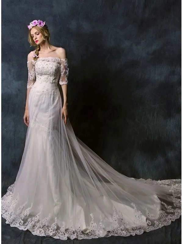 Vestito da Sposa a Sirena con doppia gonna in tulle ampia con merletto e pizzo