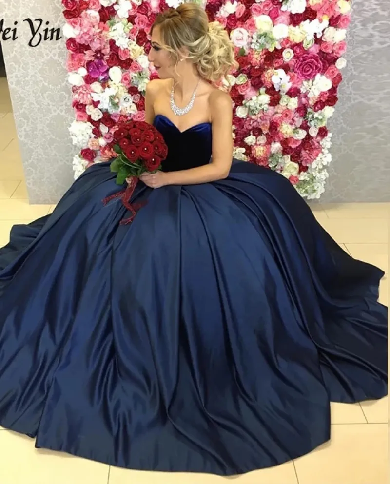Weiyin Ae0622 Elegante Blu Navy Raso Abiti di Sfera Prom Dresses Velluto Sweetheart Top Abiti Da Sera Del Partito Vestido De Gal