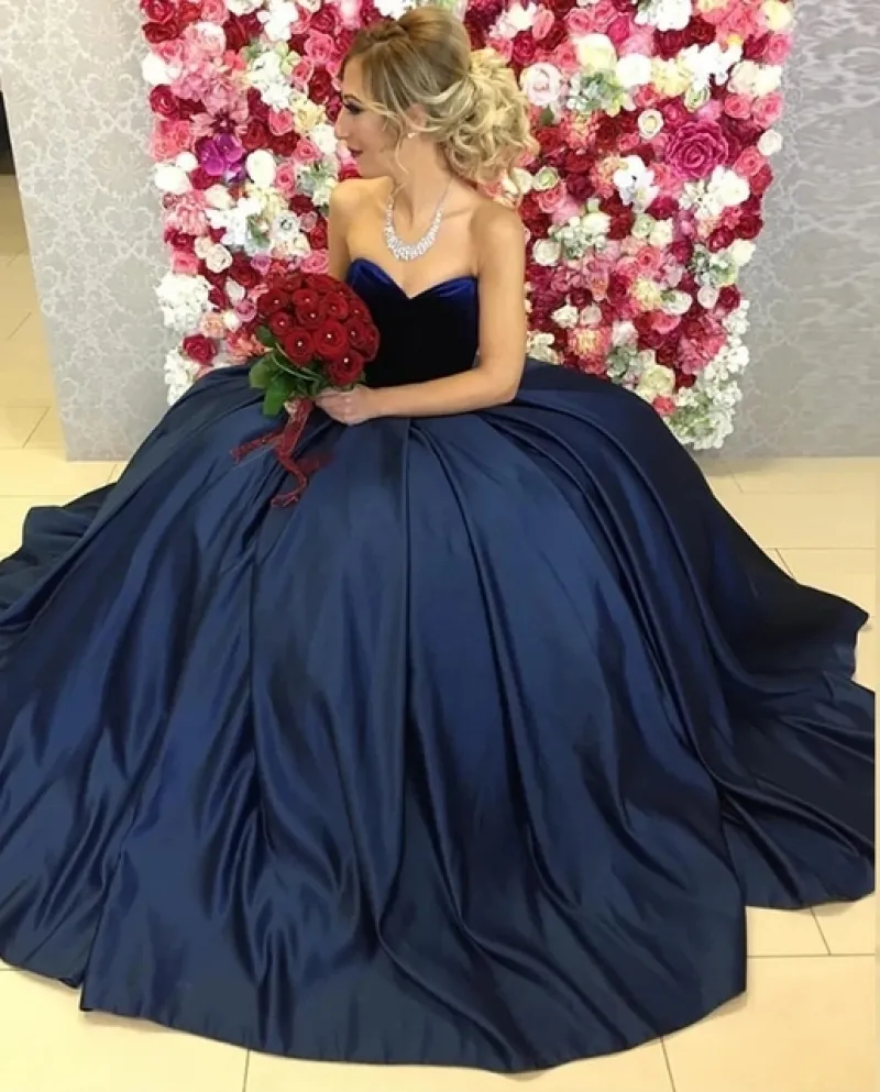 Weiyin Ae0622 Elegante Blu Navy Raso Abiti di Sfera Prom Dresses Velluto Sweetheart Top Abiti Da Sera Del Partito Vestido De Gal