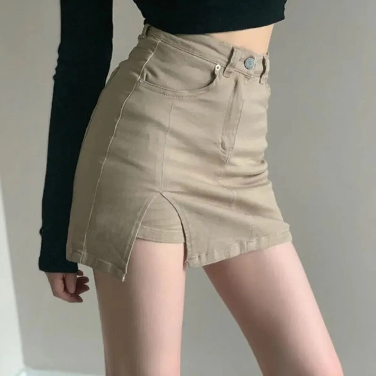 Xpqbb Khaki Donna Denim Gonne corte Vita alta Antiriflesso Minigonna Donna 2023 Primavera Estate Pacchetto Gonna anca