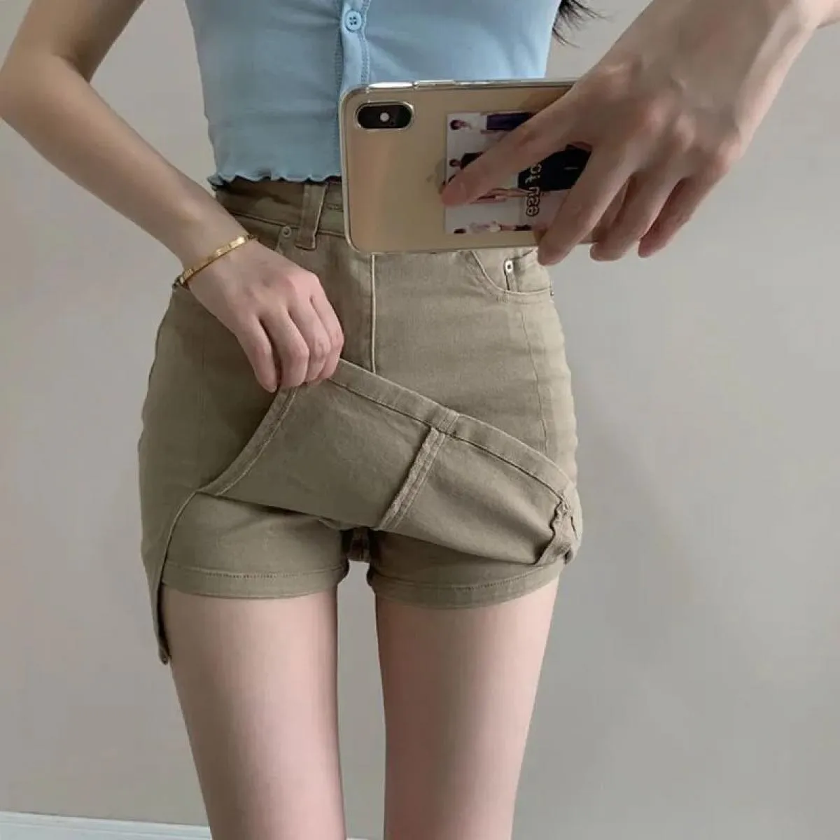 Xpqbb Khaki Donna Denim Gonne corte Vita alta Antiriflesso Minigonna Donna 2023 Primavera Estate Pacchetto Gonna anca