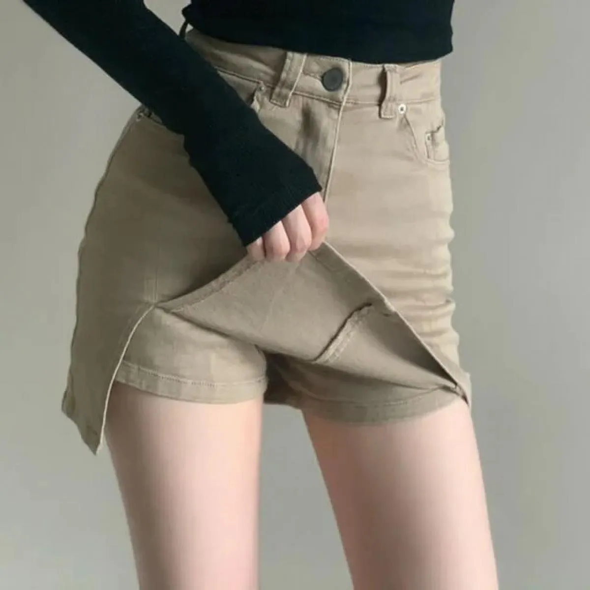 Xpqbb Khaki Donna Denim Gonne corte Vita alta Antiriflesso Minigonna Donna 2023 Primavera Estate Pacchetto Gonna anca